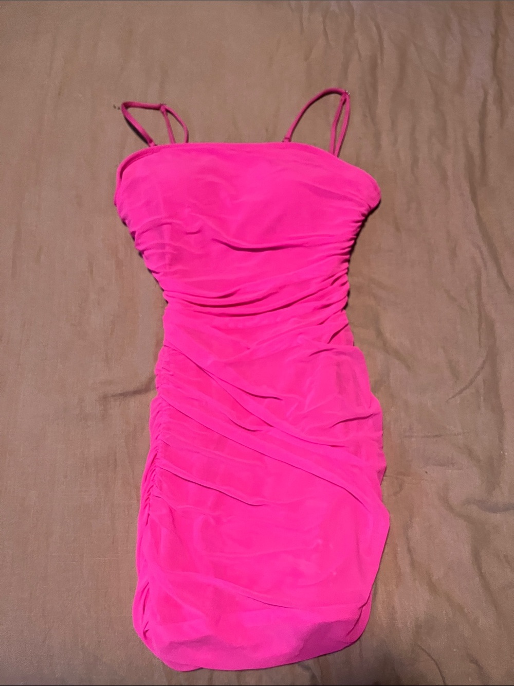 Ruched Hot Pink Spaghetti Strap Mini Dress